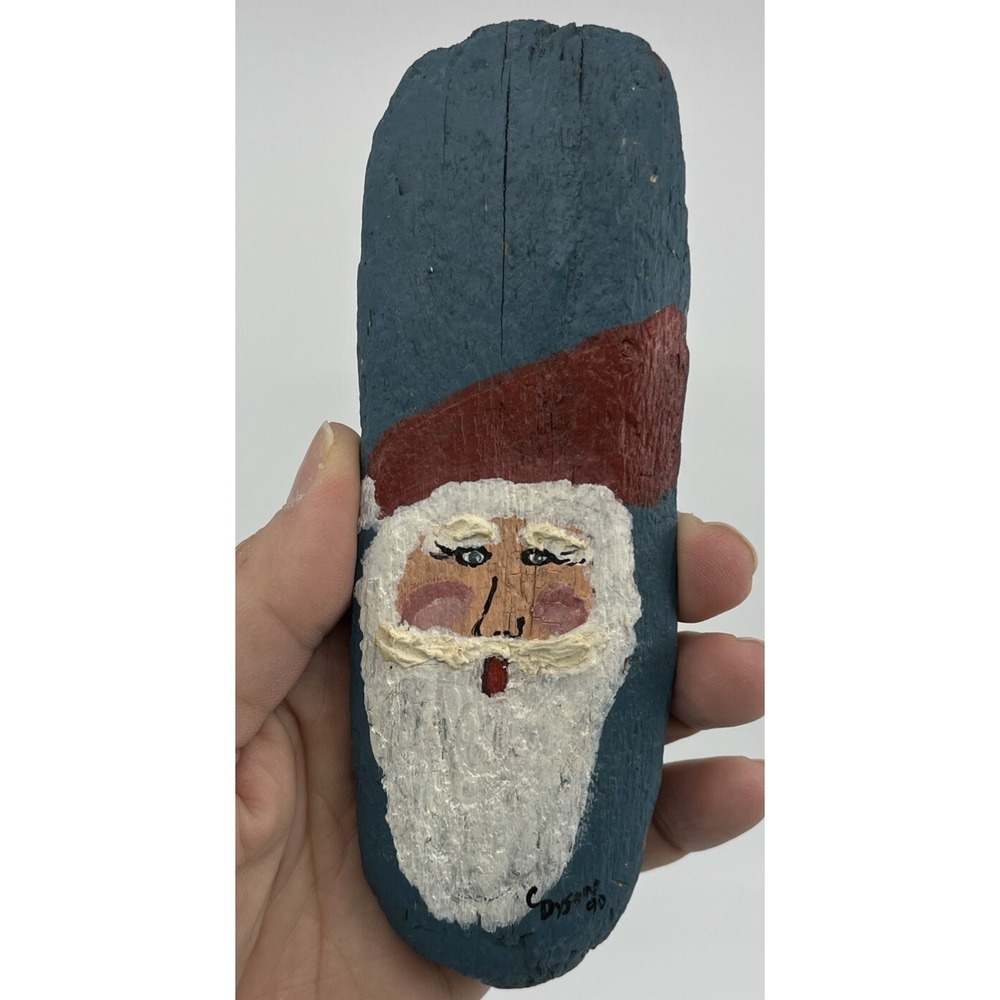 Hand Painted Santa Claus on bark Artist Signed C. Dyson 1990s Blue Folk Art